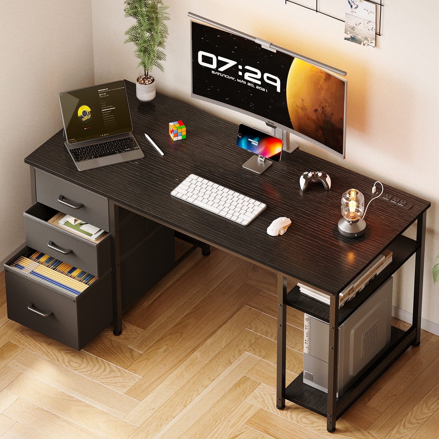 51 Inch Computer Desk with File Drawers & USB Power Outlets- Reversible Home Office Desk with Storage Shelves, Work from Home, Writing Table for Bedroom, Black