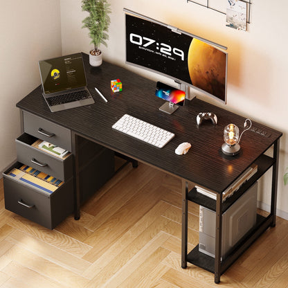 51 Inch Computer Desk with File Drawers & USB Power Outlets- Reversible Home Office Desk with Storage Shelves, Work from Home, Writing Table for Bedroom, Black
