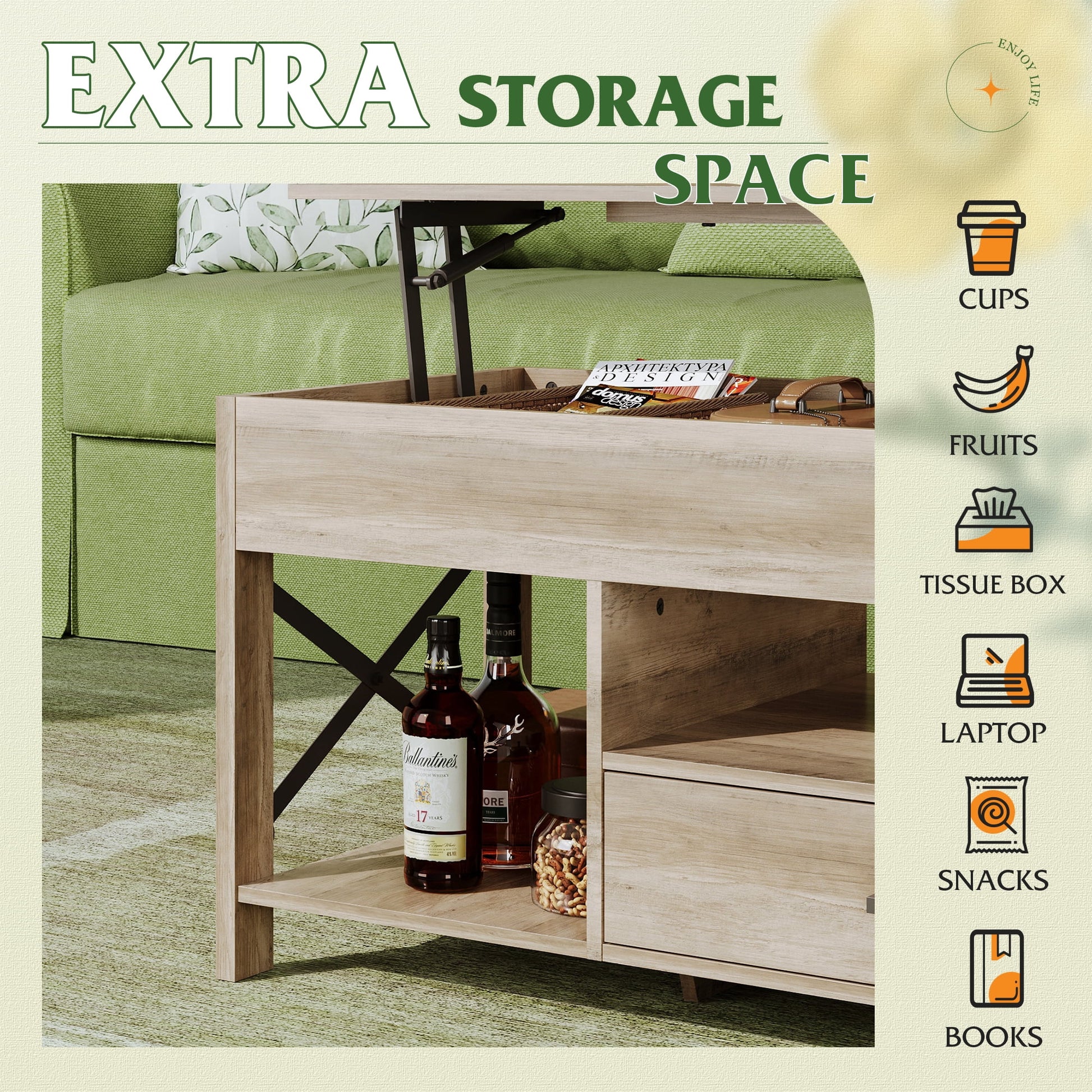 Coffee Table, 39" Lift Top Coffee Table with Hidden Compartment, Storage Drawers and Storage Shelf for Living Room, Reception Room Greige