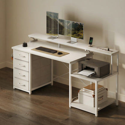 55 Inch Computer Desk with USB Ports and Power Outlets, Printer Shelf, 4 Drawers & Storage Shelf, Home Office Desks, White