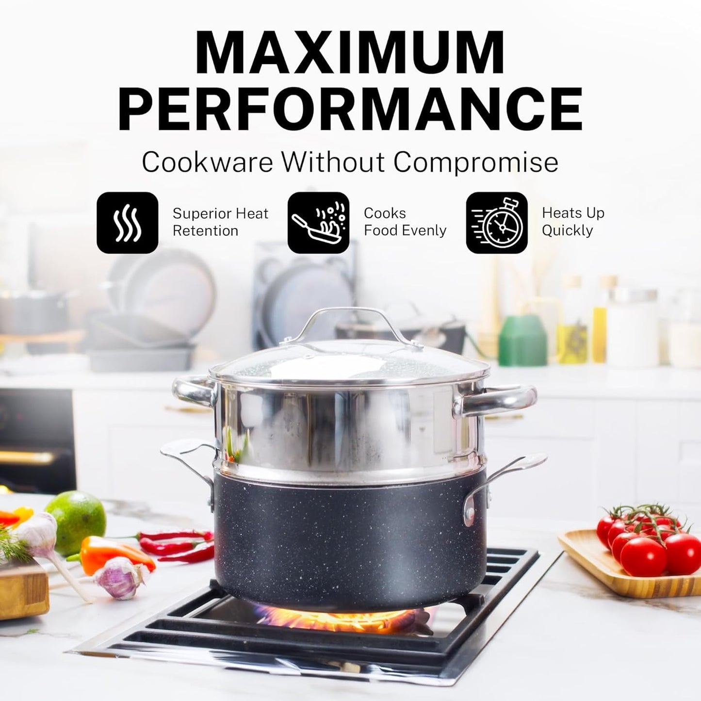 20 Pc Complete Pots and Pans Set Non Stick, Pot and Pan Set Cookware Set with Deep Frying Pan and Bakeware, Non Stick Pots and Pan Set with Utensils, Oven/Dishwasher Safe, Black