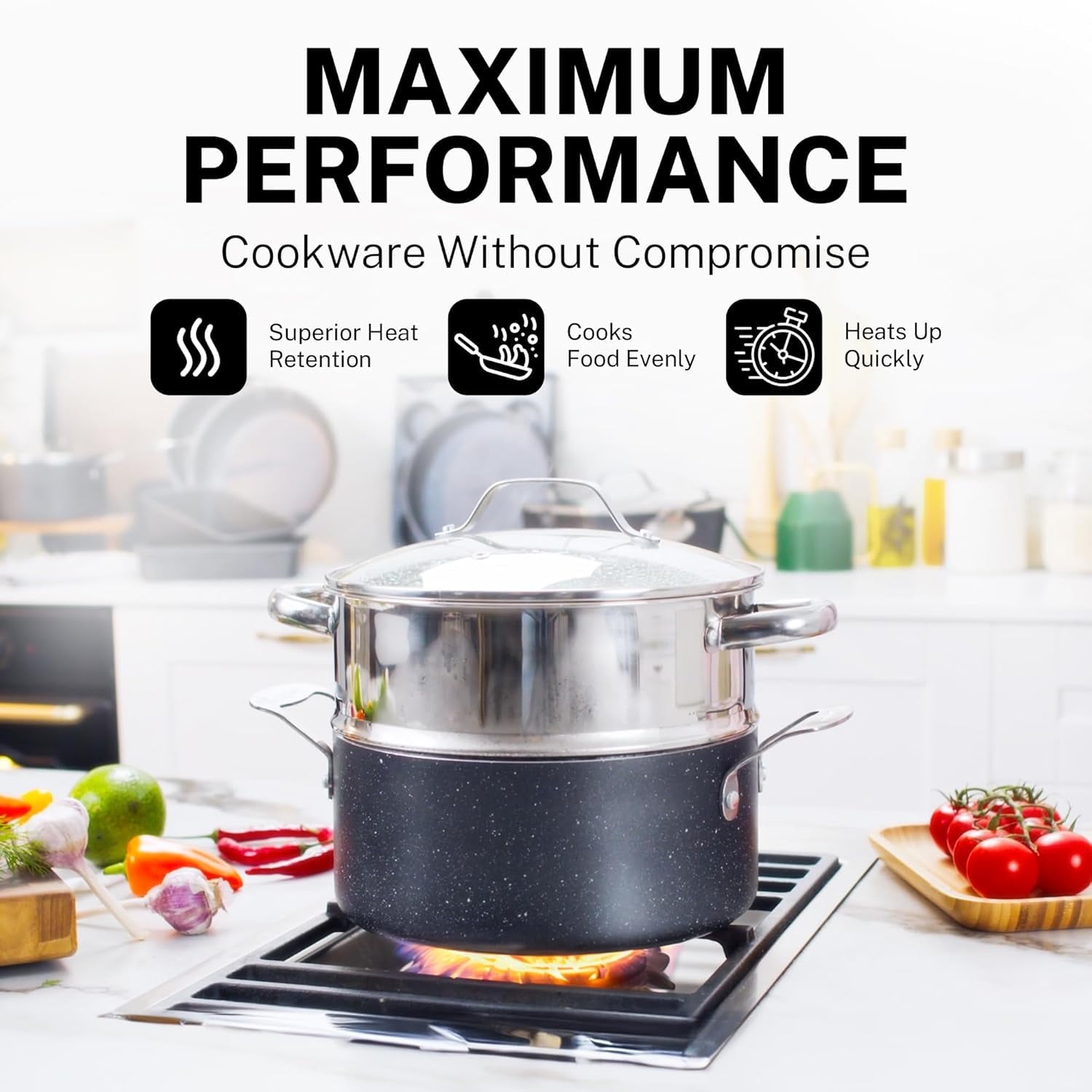 20 Pc Complete Pots and Pans Set Non Stick, Pot and Pan Set Cookware Set with Deep Frying Pan and Bakeware, Non Stick Pots and Pan Set with Utensils, Oven/Dishwasher Safe, Black