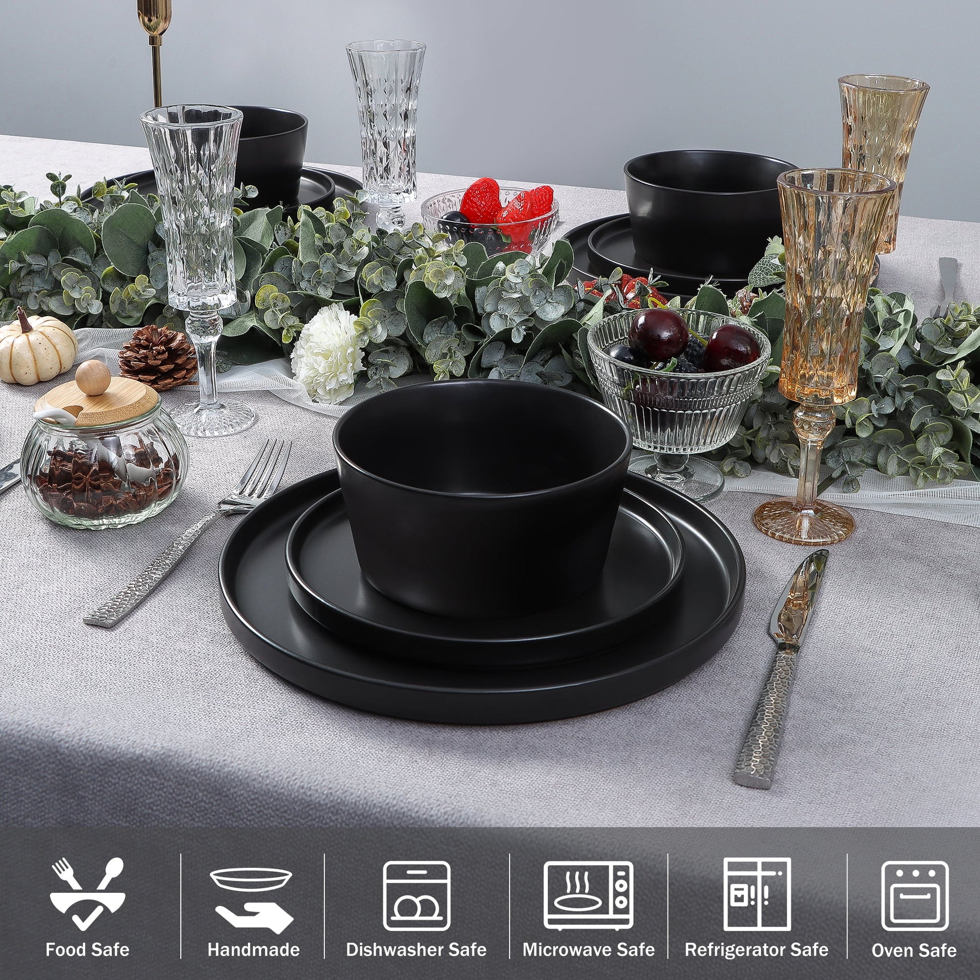 Stoneware Dinnerware Sets, 12 Piece Plates and Bowls Set for 4, Serving Plates and Bowls Dish Sets, Microwave & Dishwasher Safe - Matte Black