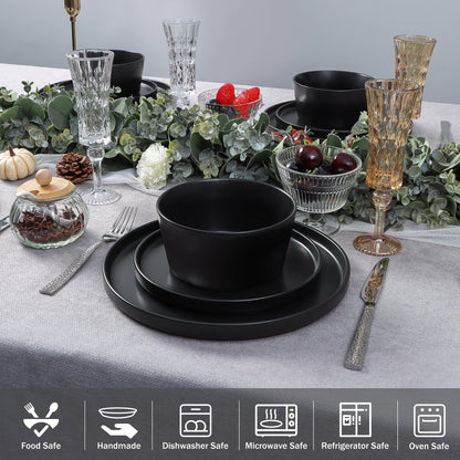 Stoneware Dinnerware Sets, 12 Piece Plates and Bowls Set for 4, Serving Plates and Bowls Dish Sets, Microwave & Dishwasher Safe - Matte Black