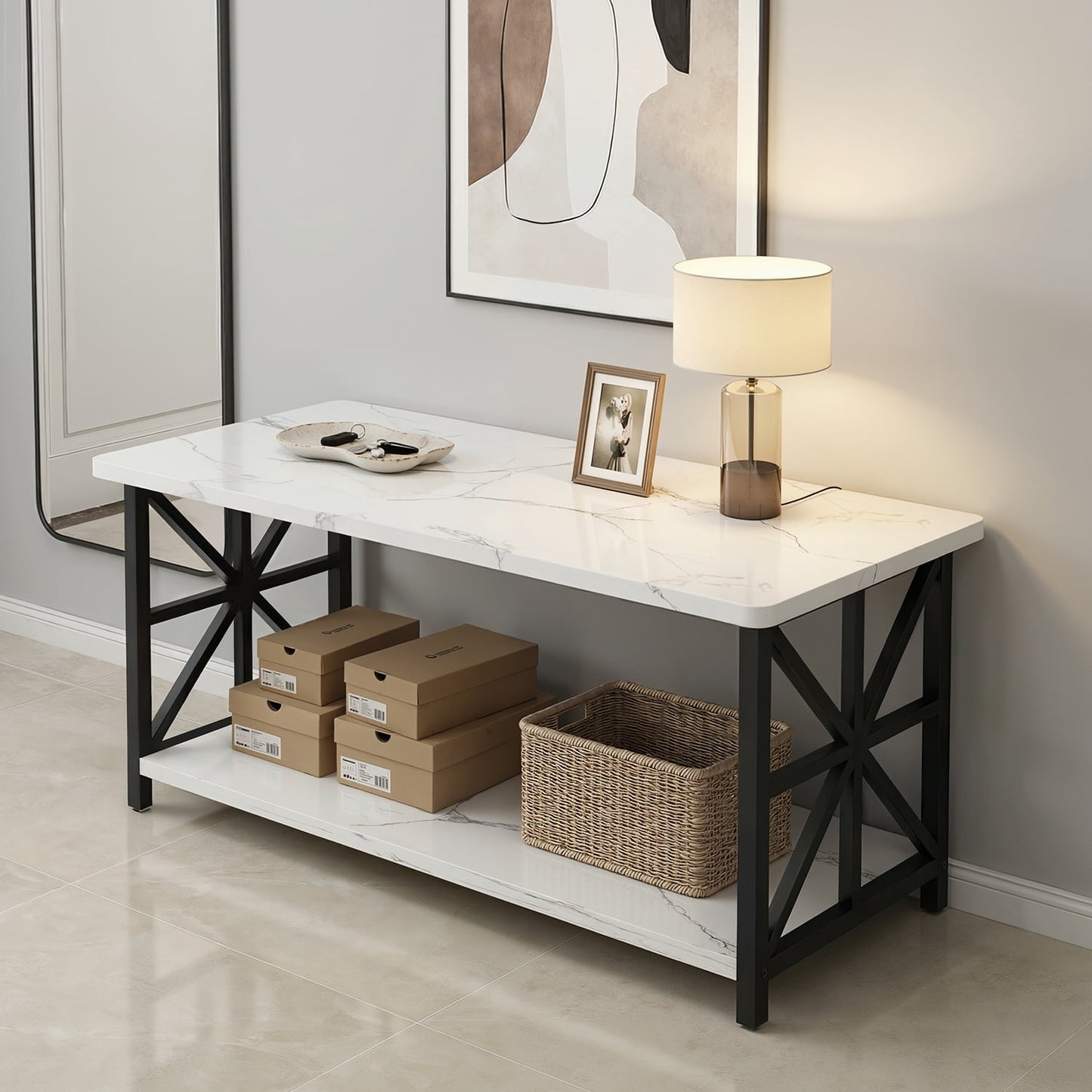 Faux Marble Coffee Table with Storage Shelves, 2-Tier Storage Rectangular Living Room Center Table, Metal Base Sturdy Modern Coffee Tea Table for Living Room, Apartment, Office, White