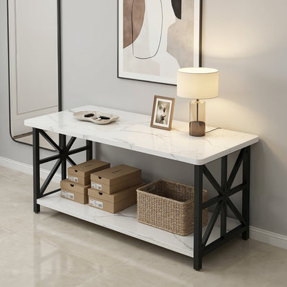 Faux Marble Coffee Table with Storage Shelves, 2-Tier Storage Rectangular Living Room Center Table, Metal Base Sturdy Modern Coffee Tea Table for Living Room, Apartment, Office, White