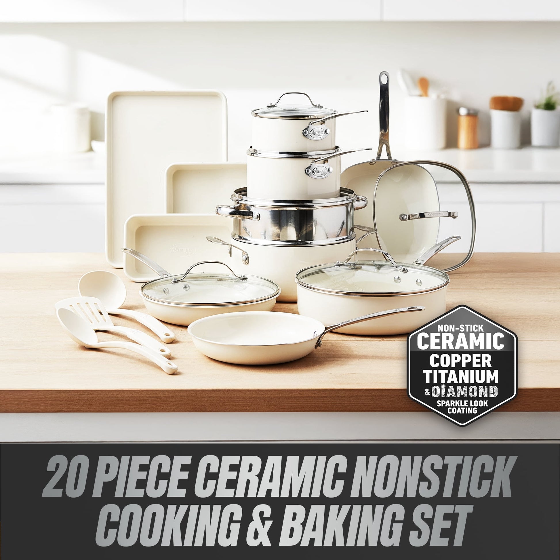 TRUE VALUE 20 Pc Ceramic Pots and Pans Set Non Stick, Ceramic Cookware Set with Bakeware, Pot and Pan Set with Utensils, Non Stick Pots and Pan Set, Oven & Dishwasher Safe, Cream