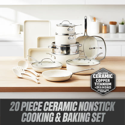 TRUE VALUE 20 Pc Ceramic Pots and Pans Set Non Stick, Ceramic Cookware Set with Bakeware, Pot and Pan Set with Utensils, Non Stick Pots and Pan Set, Oven & Dishwasher Safe, Cream