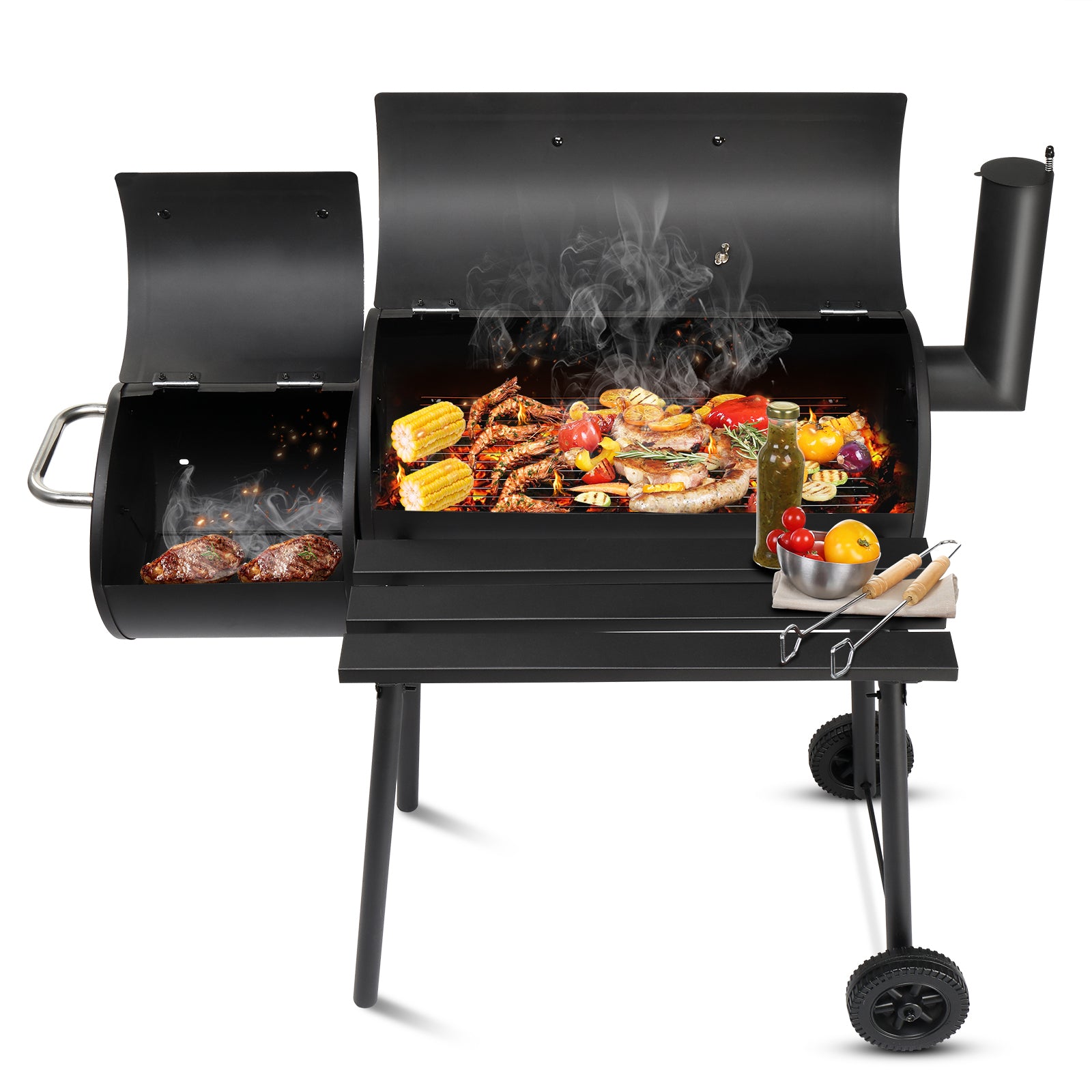  Black Double Cylinder, Wheeled, Smoked, Charcoal Grill 111X54X93Cm
