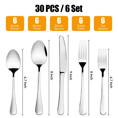 30 Pieces Silverware Set with Serving Set, Stainless Steel Modern Flatware, Service for 6