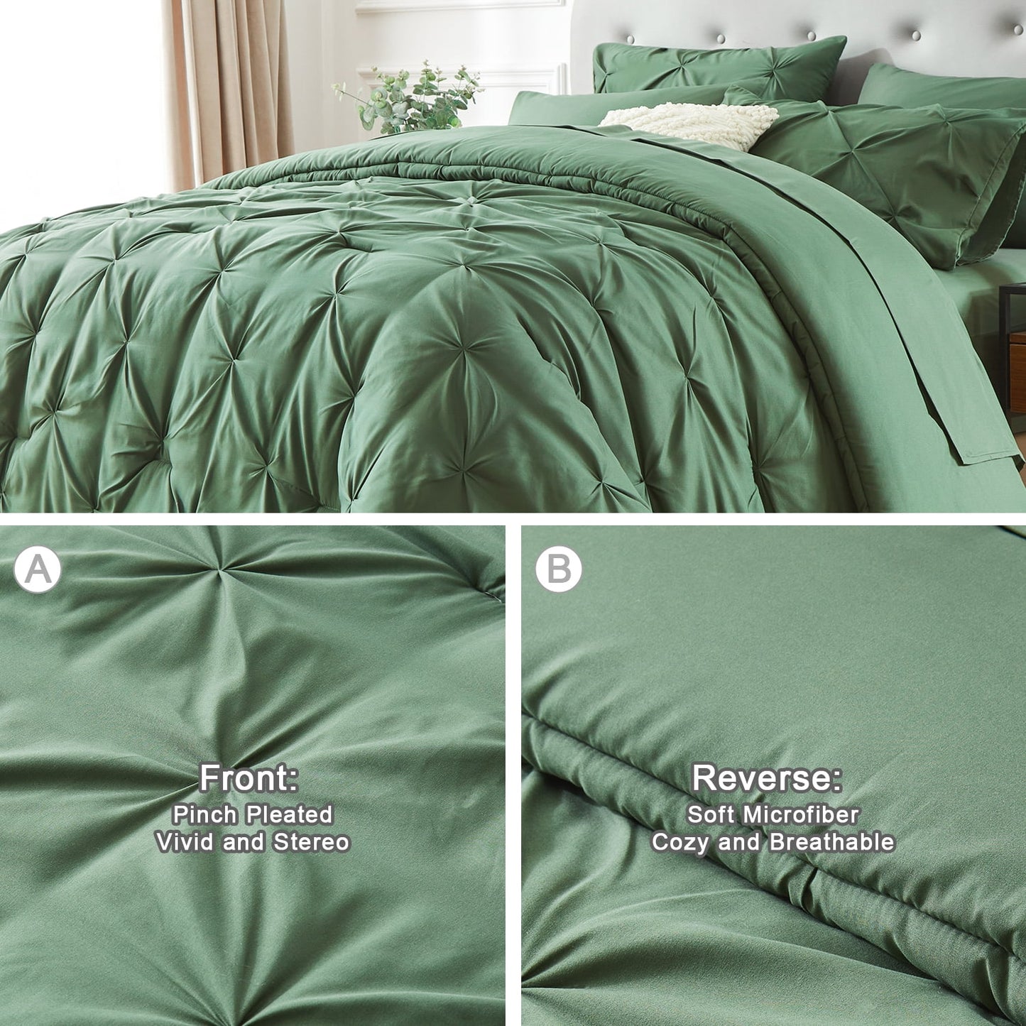 Queen Size Comforter Set,7 Pieces Dark Green Bedding Sets for All Season Bed in a Bag with Comforter ,Flat Sheet ,Fitted Sheet ,Pillowcases & Shams