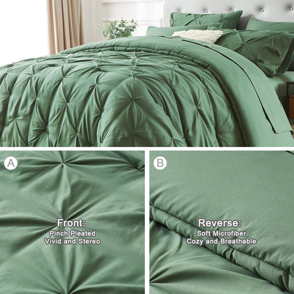 Queen Size Comforter Set,7 Pieces Dark Green Bedding Sets for All Season Bed in a Bag with Comforter ,Flat Sheet ,Fitted Sheet ,Pillowcases & Shams