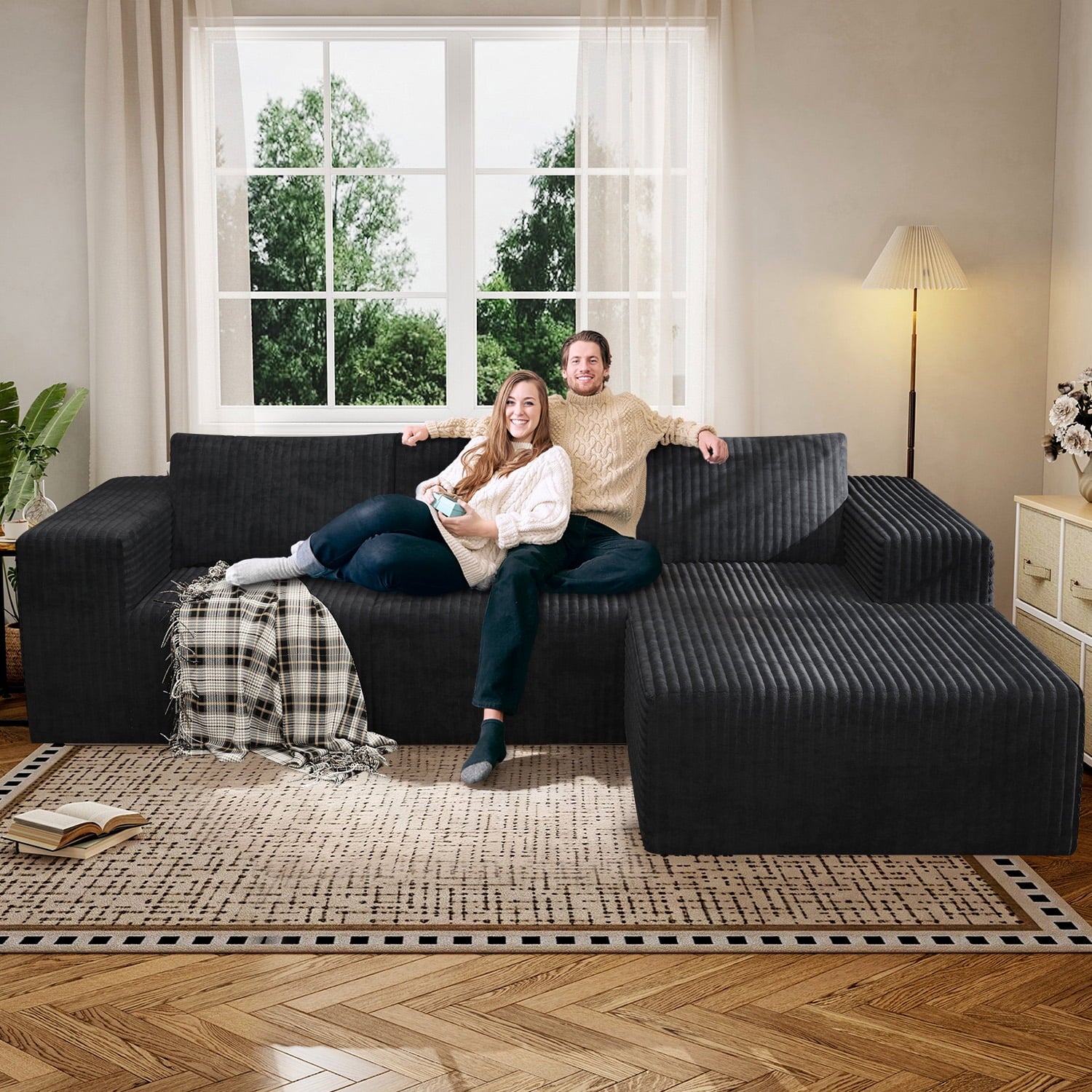 Modular Cloud Sofa - No Assembly Required, 94" Oversized L-Shaped Sectional with Chaise, Flannel Fabric Deep Seating Couch for Living Room