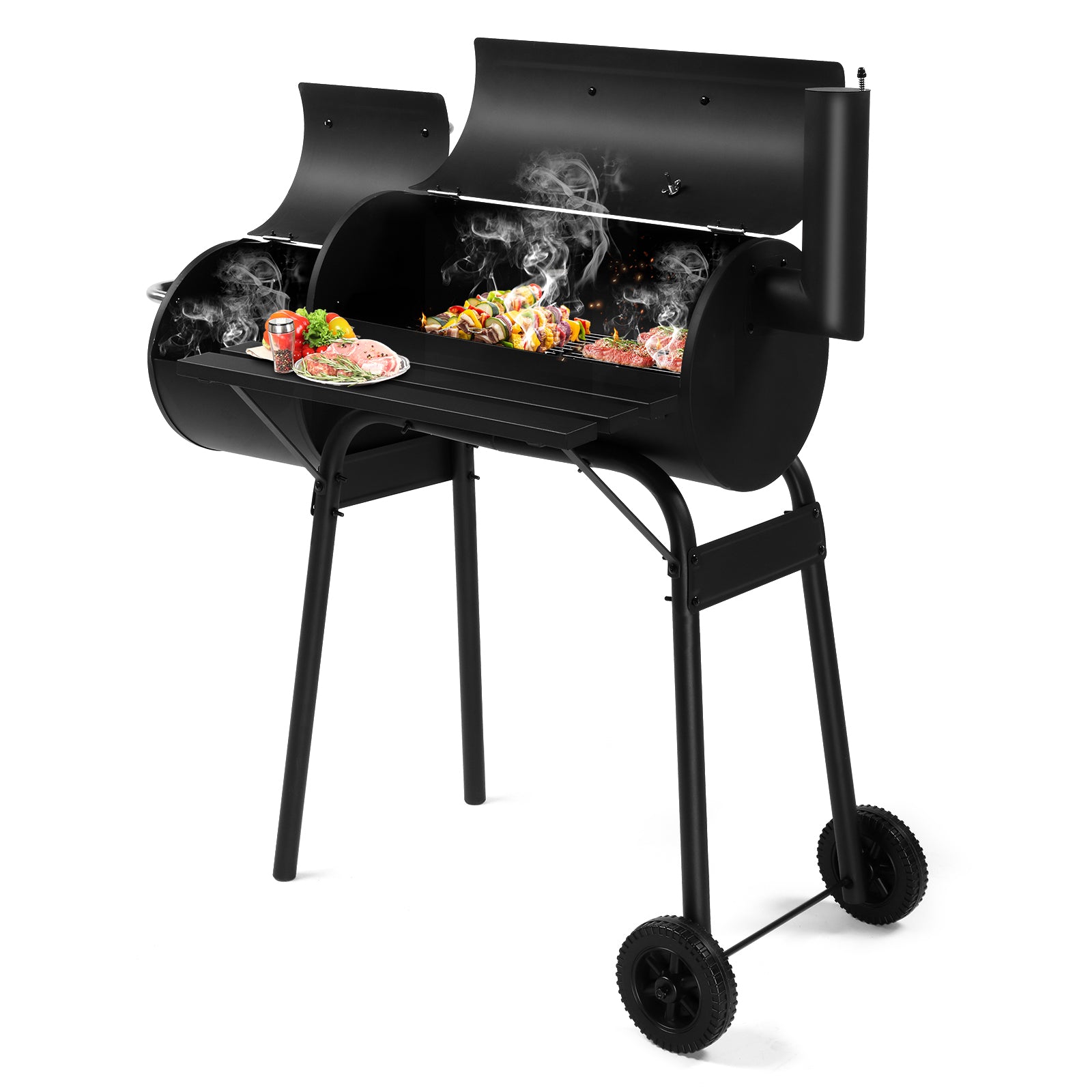  Black Double Cylinder, Wheeled, Smoked, Charcoal Grill 111X54X93Cm