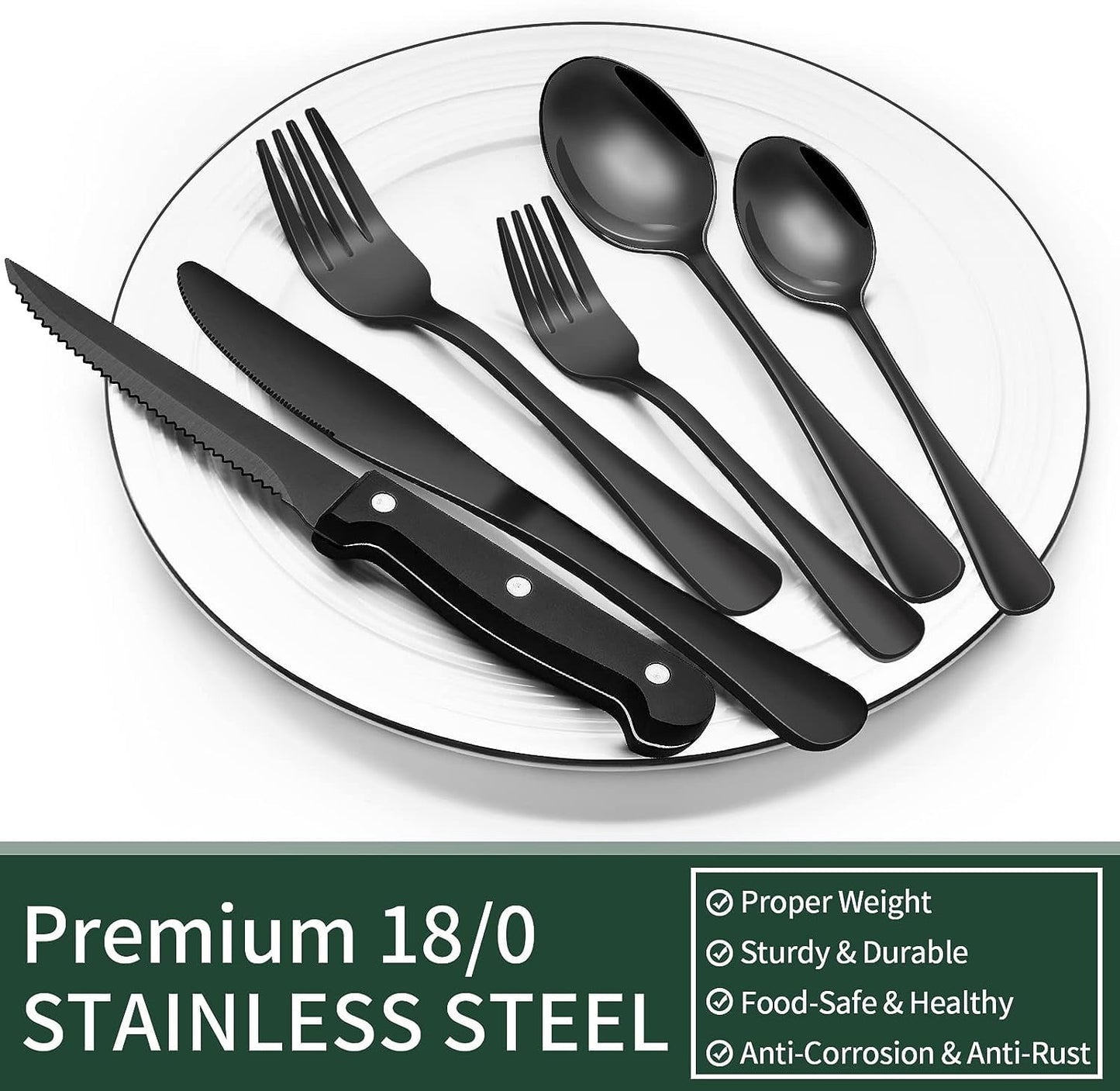24-Piece Black Silverware Set with Steak Knives,  Black Flatware Set for 4, Food-Grade Stainless Steel Tableware Cutlery Set, Mirror Finished Utensil Sets for Home Restaurant