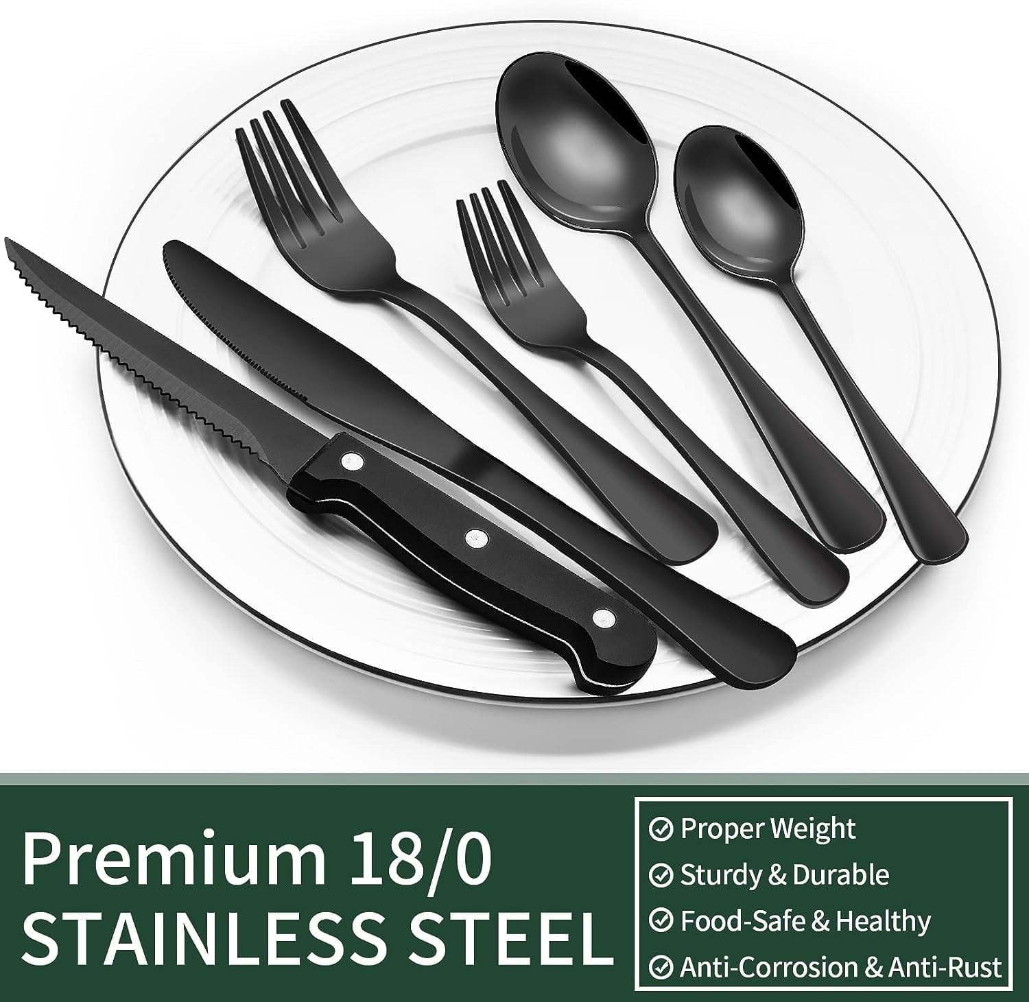24-Piece Black Silverware Set with Steak Knives,  Black Flatware Set for 4, Food-Grade Stainless Steel Tableware Cutlery Set, Mirror Finished Utensil Sets for Home Restaurant