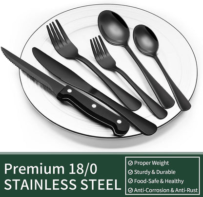 24-Piece Black Silverware Set with Steak Knives,  Black Flatware Set for 4, Food-Grade Stainless Steel Tableware Cutlery Set, Mirror Finished Utensil Sets for Home Restaurant