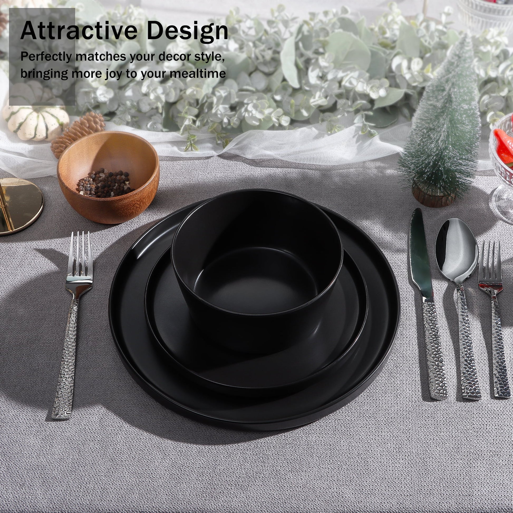 Stoneware Dinnerware Sets, 12 Piece Plates and Bowls Set for 4, Serving Plates and Bowls Dish Sets, Microwave & Dishwasher Safe - Matte Black