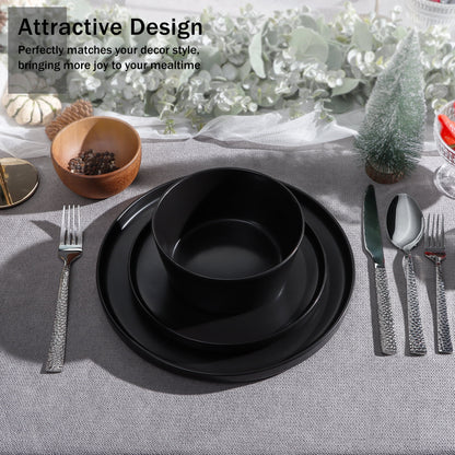 Stoneware Dinnerware Sets, 12 Piece Plates and Bowls Set for 4, Serving Plates and Bowls Dish Sets, Microwave & Dishwasher Safe - Matte Black