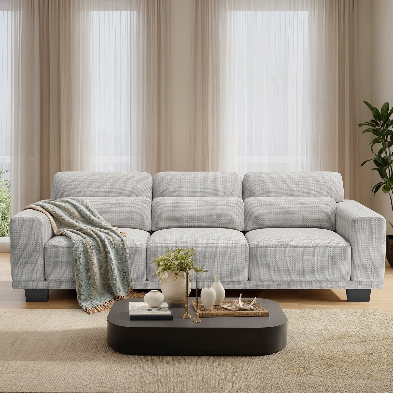 89" 3 Seater Sofa, Upholstered Couch with 3 Pillows and Removable Linen Cover, Deep Seat Sofa with Wide Armrests 