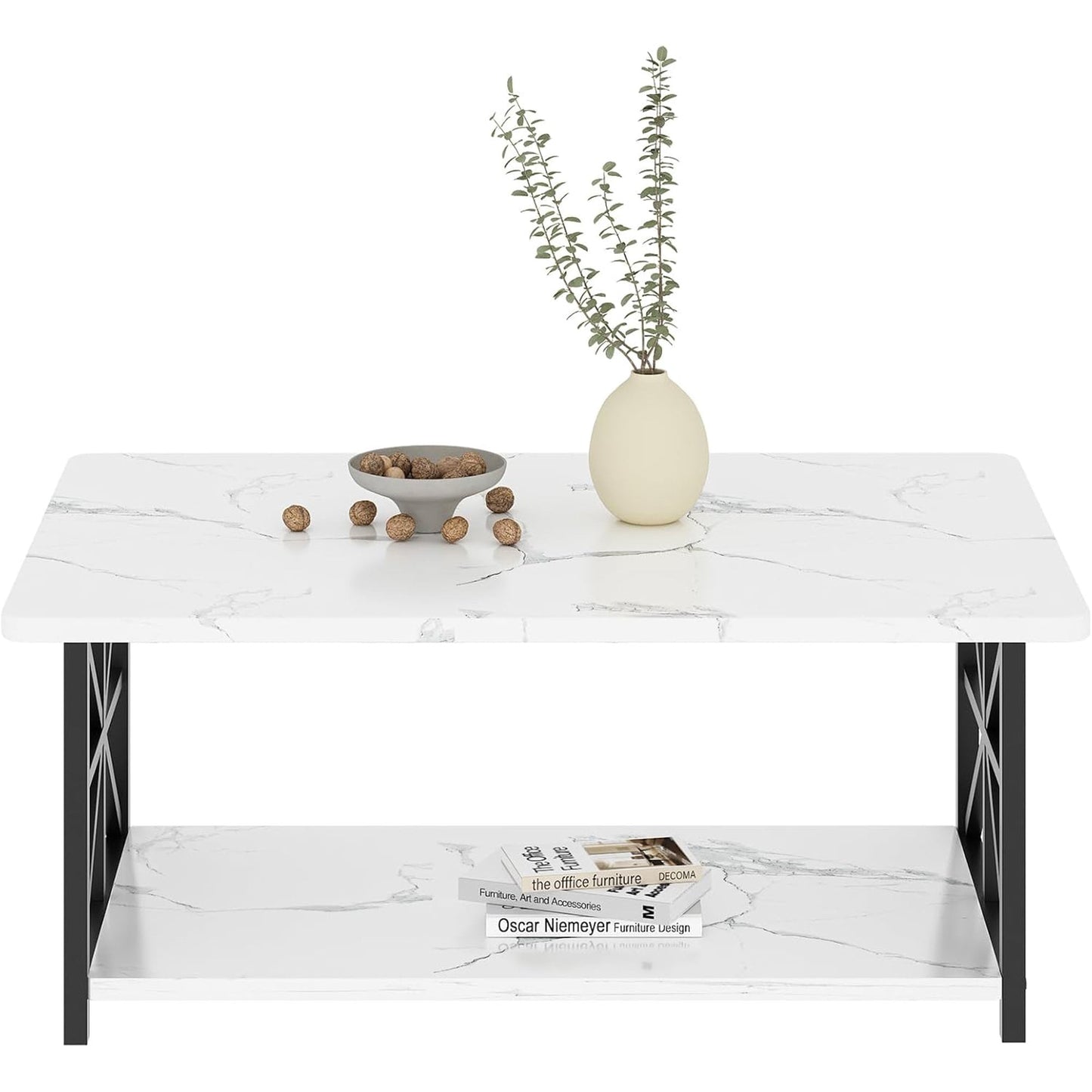Faux Marble Coffee Table with Storage Shelves, 2-Tier Storage Rectangular Living Room Center Table, Metal Base Sturdy Modern Coffee Tea Table for Living Room, Apartment, Office, White