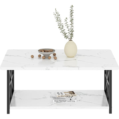 Faux Marble Coffee Table with Storage Shelves, 2-Tier Storage Rectangular Living Room Center Table, Metal Base Sturdy Modern Coffee Tea Table for Living Room, Apartment, Office, White