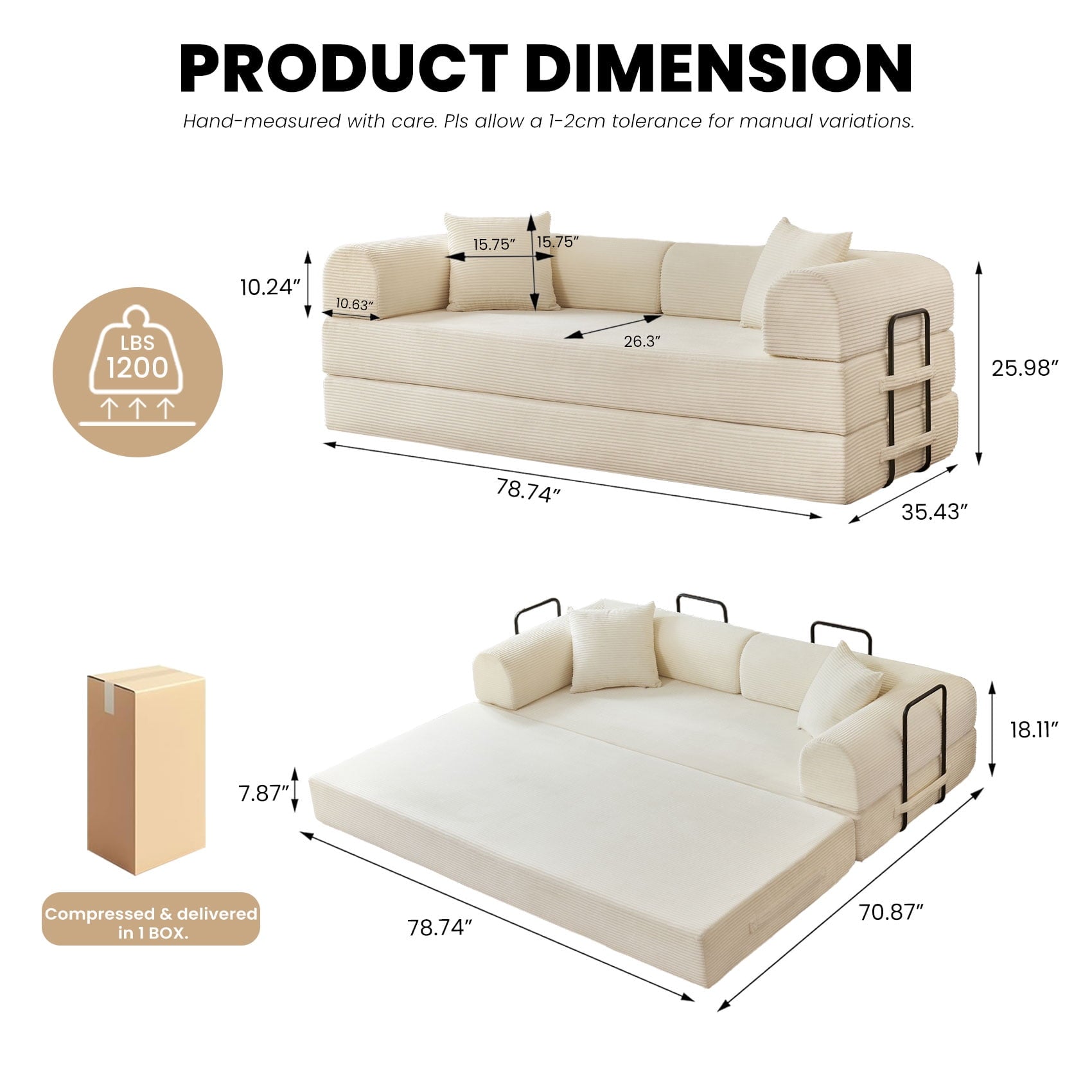 79'' Convertible Sofa Bed, High-Density Sponge Foldable Floor Couch, 5 in 1 Modular Sleeper for Living Room and Bedroom