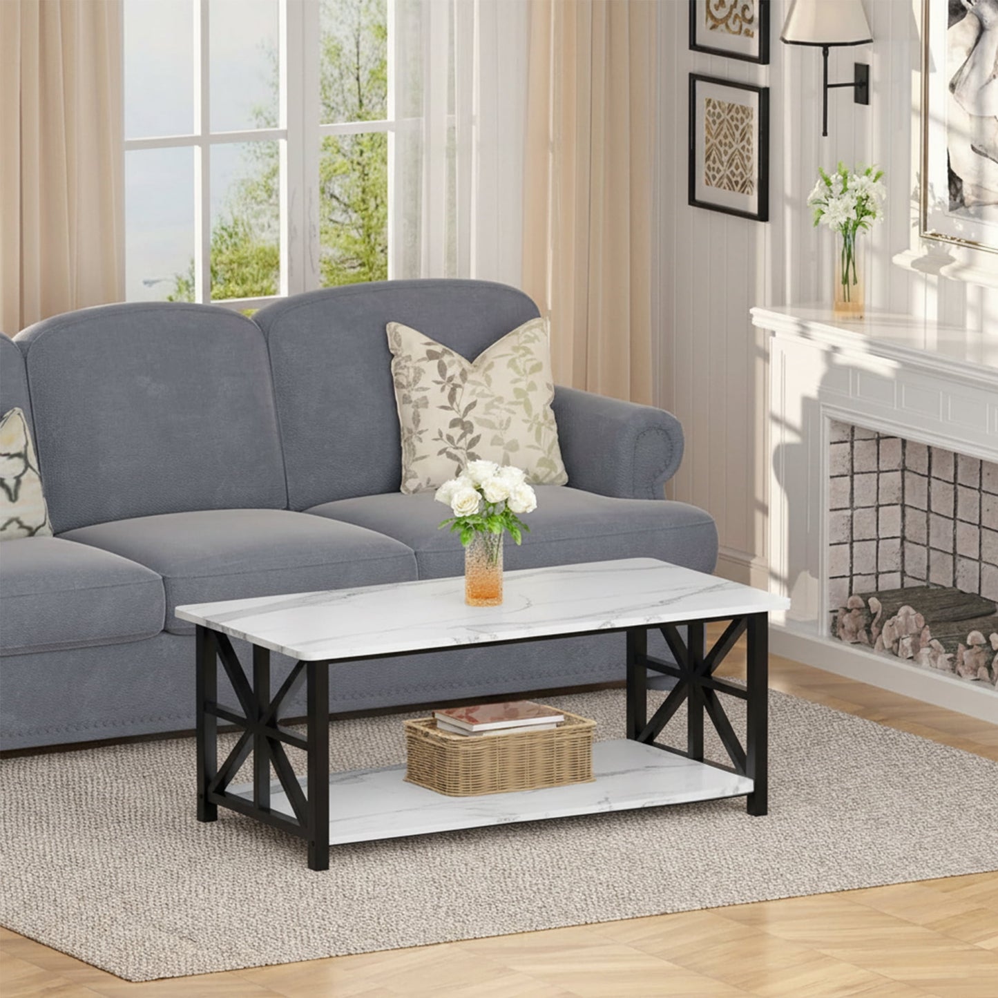 Faux Marble Coffee Table with Storage Shelves, 2-Tier Storage Rectangular Living Room Center Table, Metal Base Sturdy Modern Coffee Tea Table for Living Room, Apartment, Office, White