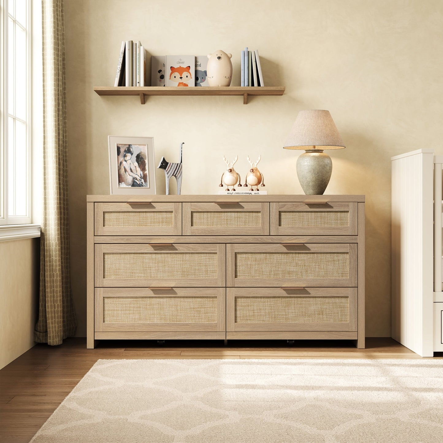 Boho Dresser & Nightstands Set – 7-Drawer Dresser & 3-Drawer Nightstand with Charing Rattan Bderoom Funiture Set with Massive Storage 3 Piece,Light Oak