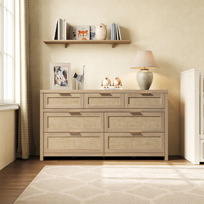 Boho Dresser & Nightstands Set – 7-Drawer Dresser & 3-Drawer Nightstand with Charing Rattan Bderoom Funiture Set with Massive Storage 3 Piece,Light Oak