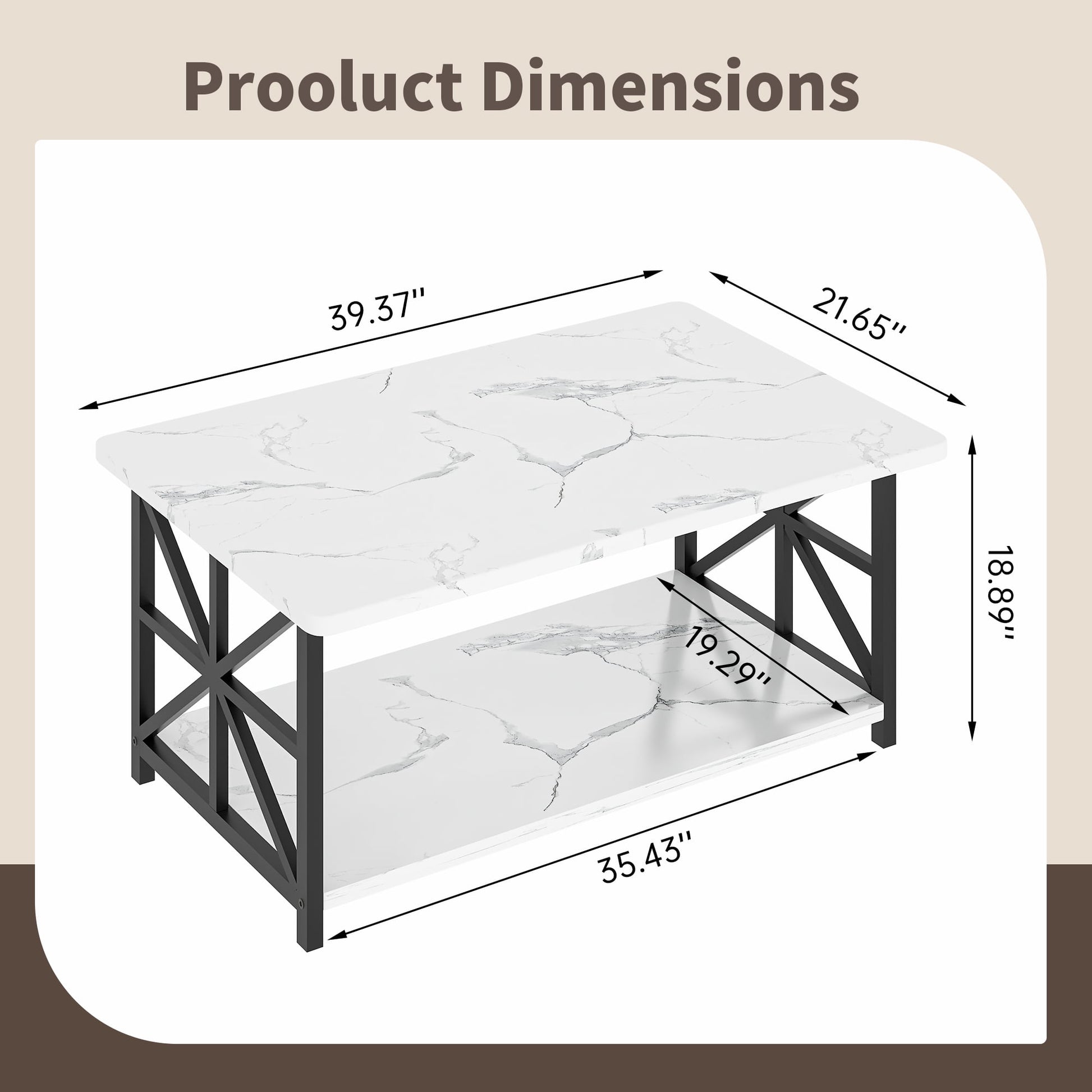 Faux Marble Coffee Table with Storage Shelves, 2-Tier Storage Rectangular Living Room Center Table, Metal Base Sturdy Modern Coffee Tea Table for Living Room, Apartment, Office, White