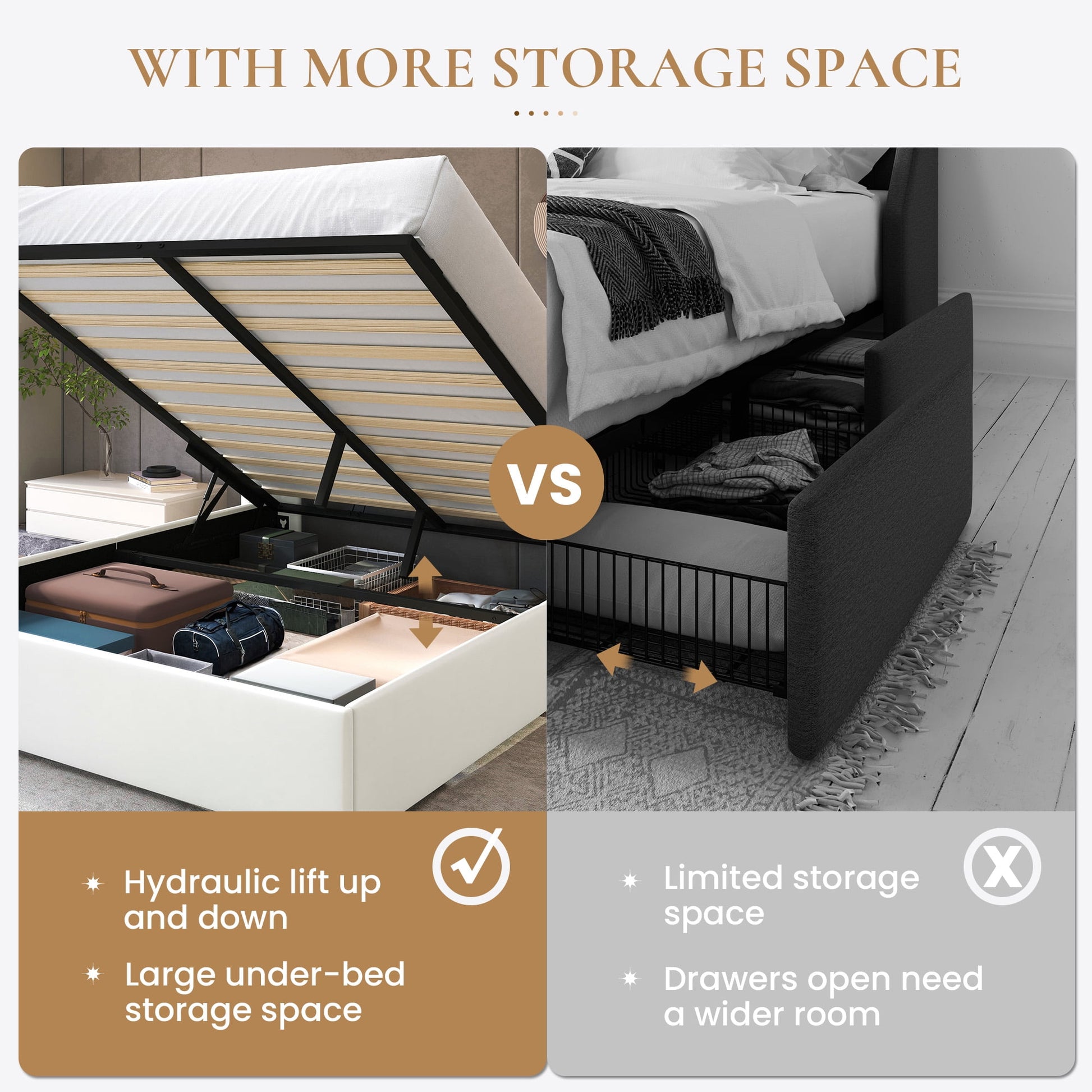 Queen Size Velvet Lift up Hydraulic Storage Bed Frame, Platform Bed with Upholstered Wingback Headboard, No Box Spring Needed, White