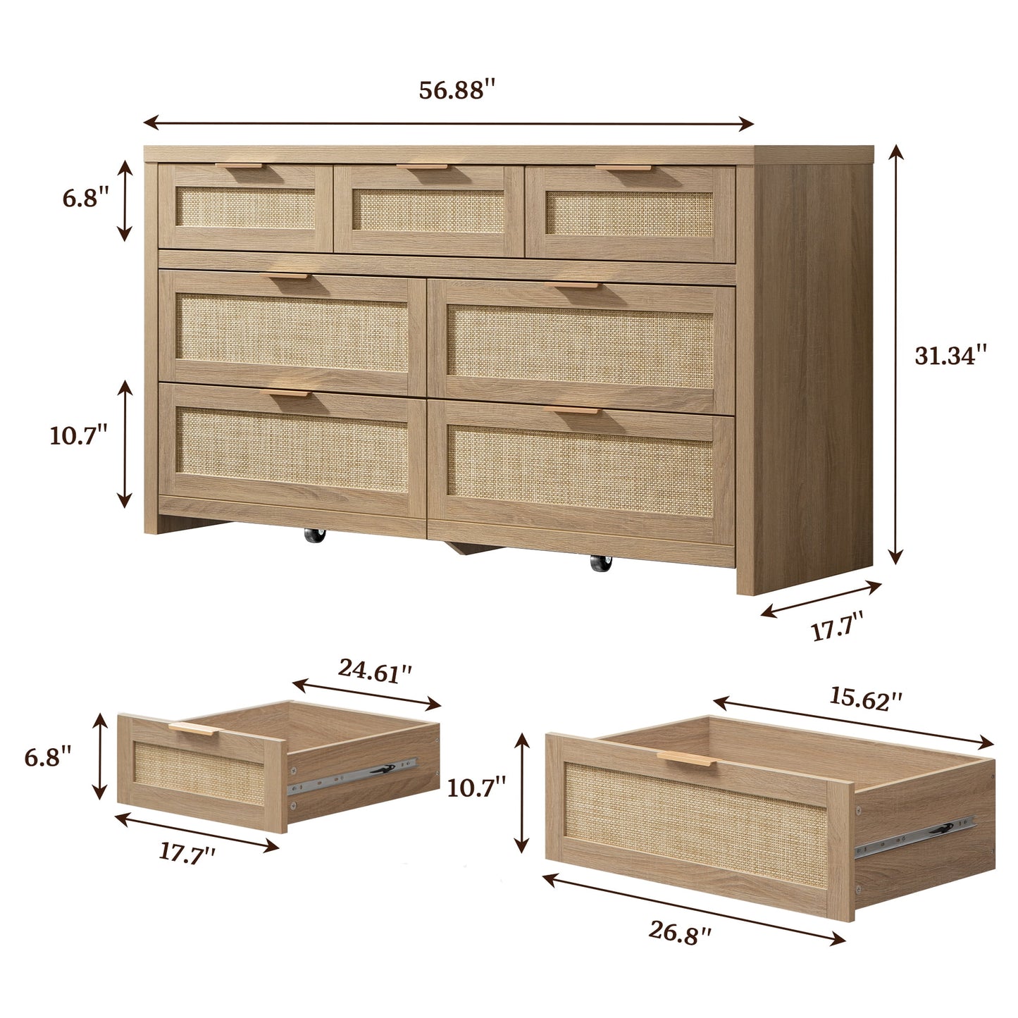 Boho Dresser & Nightstands Set – 7-Drawer Dresser & 3-Drawer Nightstand with Charing Rattan Bderoom Funiture Set with Massive Storage 3 Piece,Light Oak