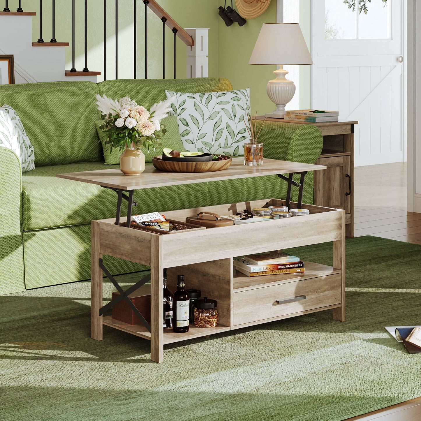 Coffee Table, 39" Lift Top Coffee Table with Hidden Compartment, Storage Drawers and Storage Shelf for Living Room, Reception Room Greige