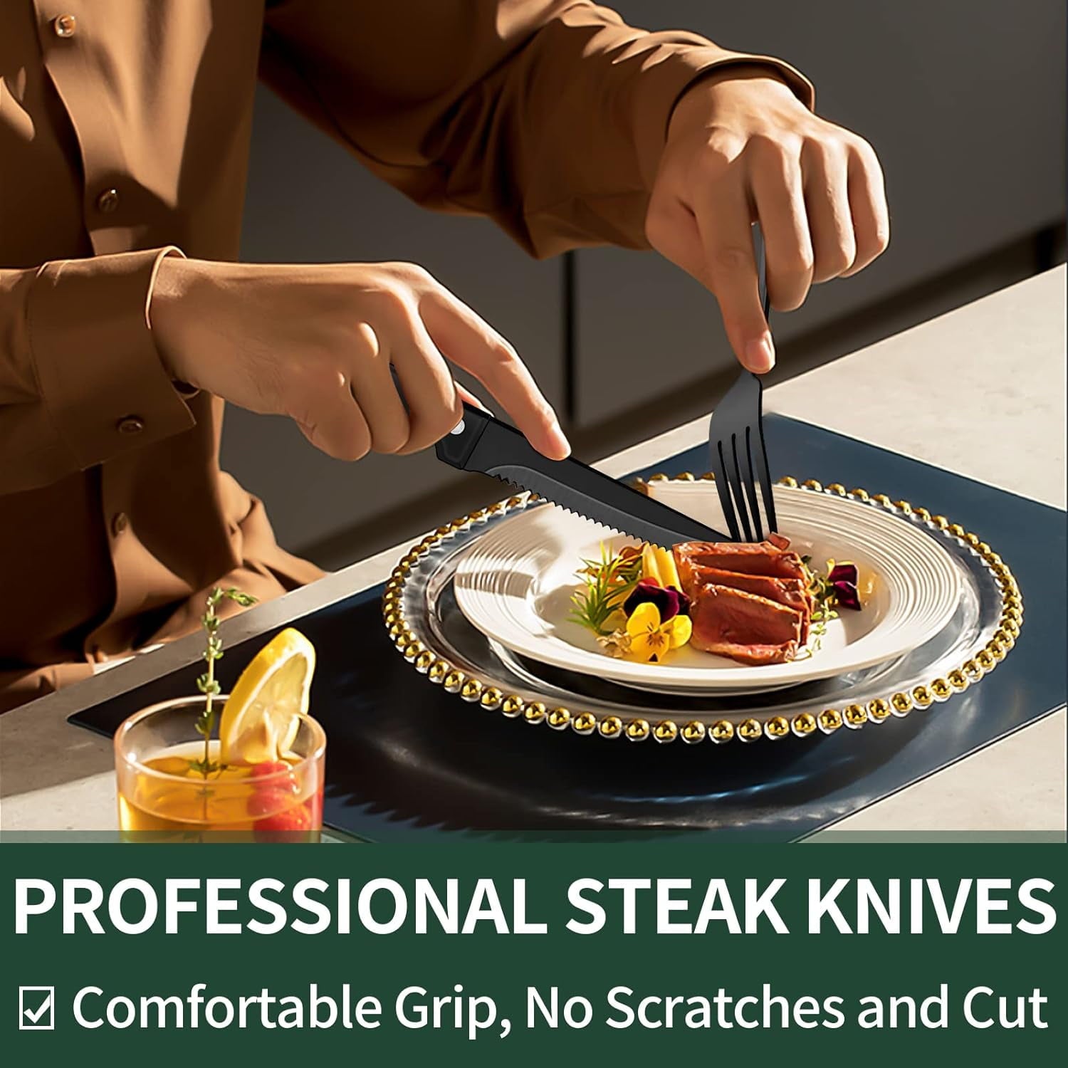 24-Piece Black Silverware Set with Steak Knives,  Black Flatware Set for 4, Food-Grade Stainless Steel Tableware Cutlery Set, Mirror Finished Utensil Sets for Home Restaurant