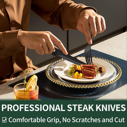24-Piece Black Silverware Set with Steak Knives,  Black Flatware Set for 4, Food-Grade Stainless Steel Tableware Cutlery Set, Mirror Finished Utensil Sets for Home Restaurant