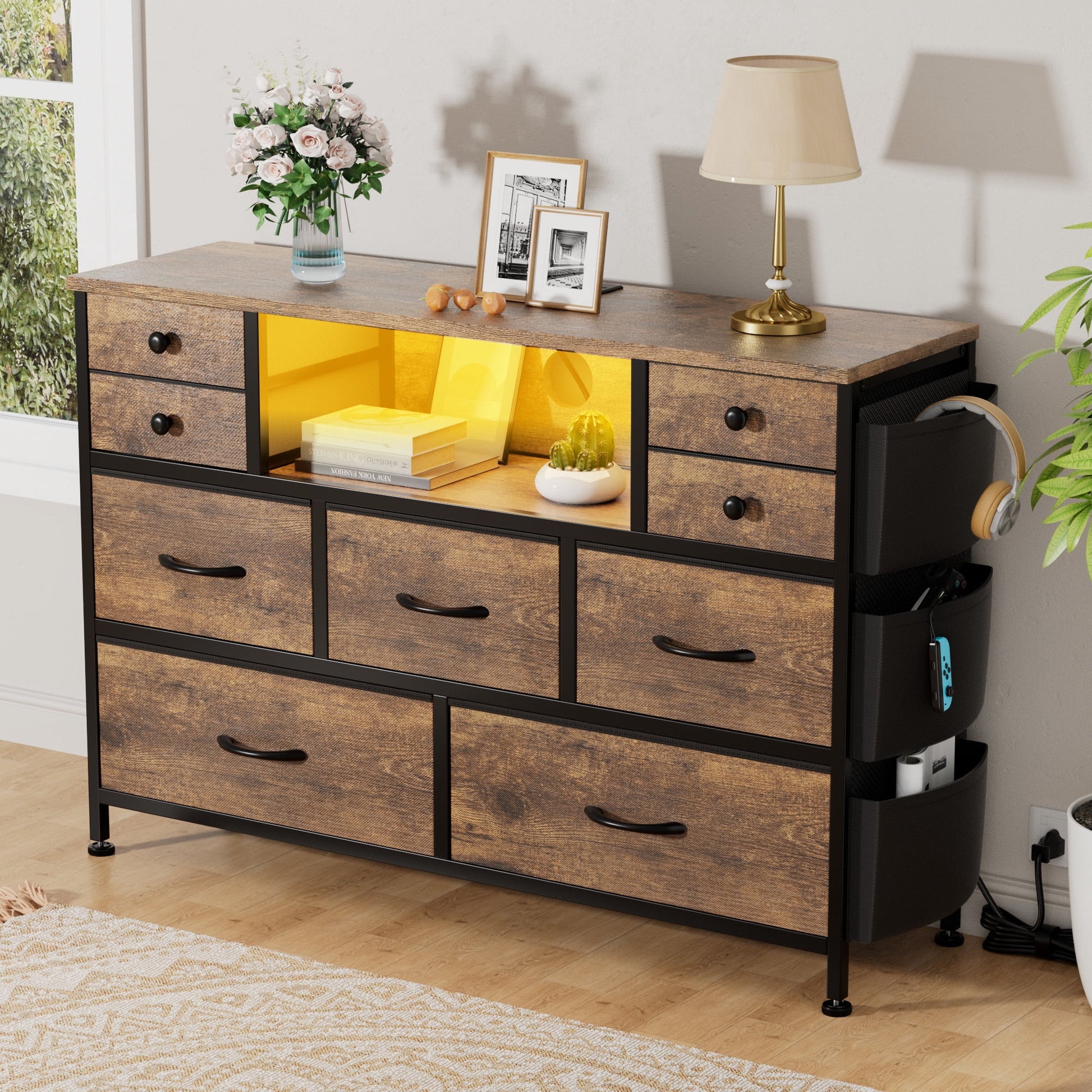 9 Drawer Dresser for Bedroom with Power Outlets LED Lights, Fabric Dresser Brown 