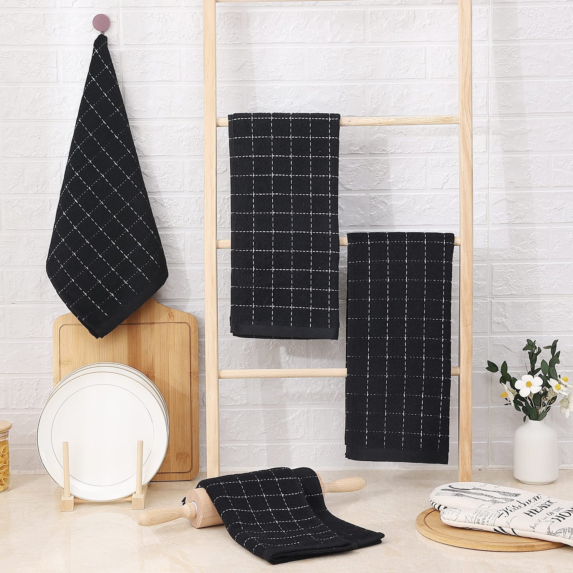 100% Cotton Terry Kitchen Towels(Black, 13 X 28 Inches), Checkered Designed, Soft and Super Absorbent Dish Towels, 4 Pack