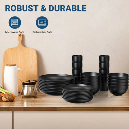 Wheat Straw Dinnerware Sets, Service for 8, 32 PCS Unbreakable Dinnerware,Microwave Dishwasher Safe - Black