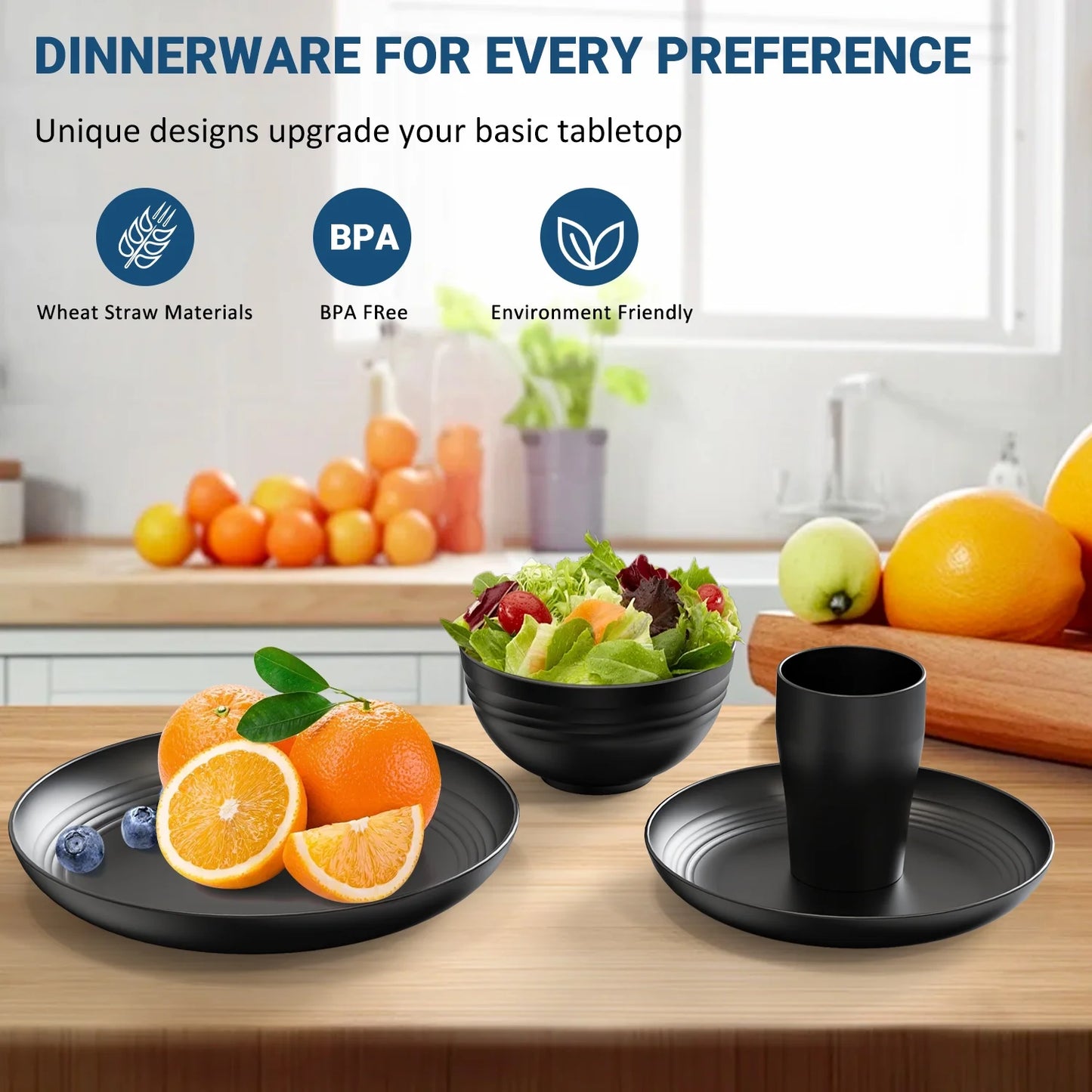 Wheat Straw Dinnerware Sets, Service for 8, 32 PCS Unbreakable Dinnerware,Microwave Dishwasher Safe - Black