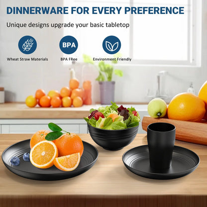 Wheat Straw Dinnerware Sets, Service for 8, 32 PCS Unbreakable Dinnerware,Microwave Dishwasher Safe - Black