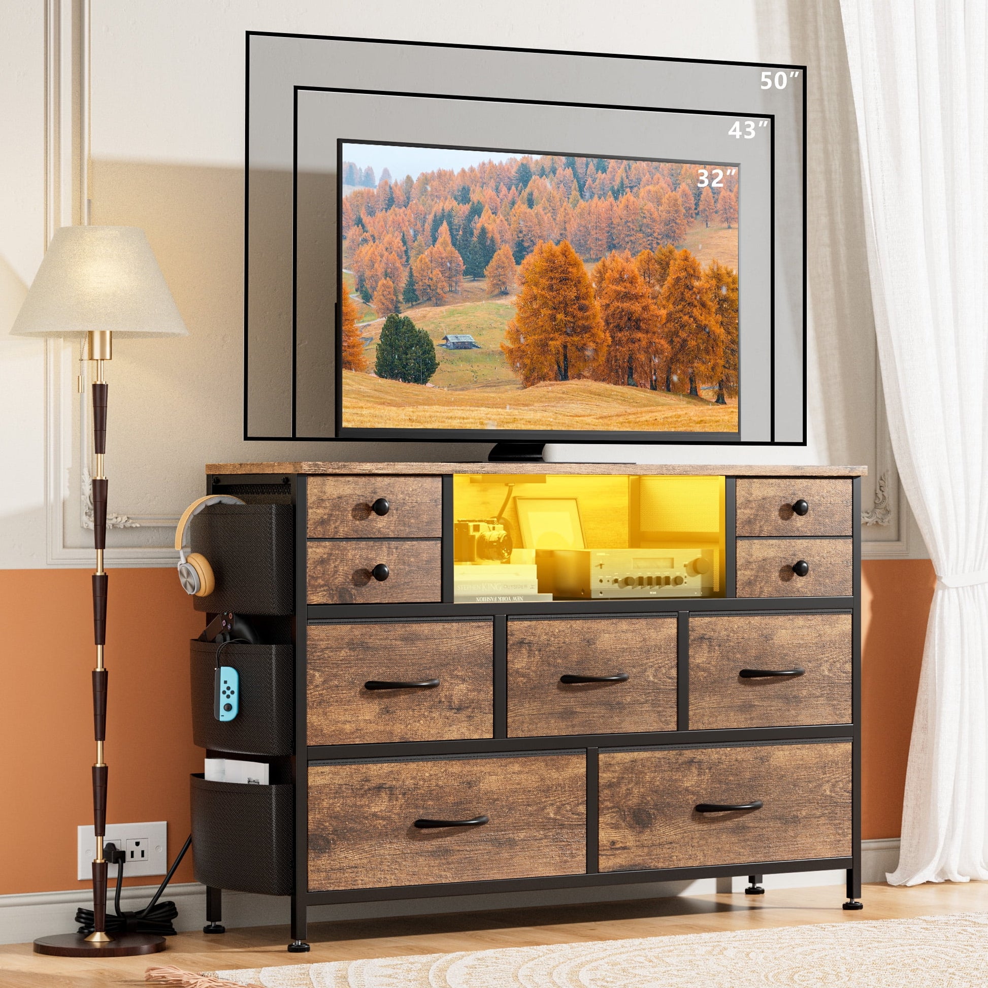 9 Drawer Dresser for Bedroom with Power Outlets LED Lights, Fabric Dresser Brown 