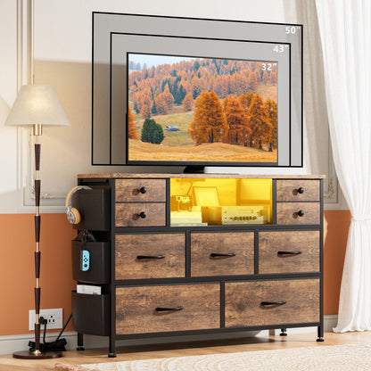 9 Drawer Dresser for Bedroom with Power Outlets LED Lights, Fabric Dresser Brown 