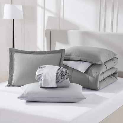 Queen Comforter Set, Bed in a Bag, 7 Pc Reversible Bedding Comforter Set with Sheets, Bedding Set, Gray