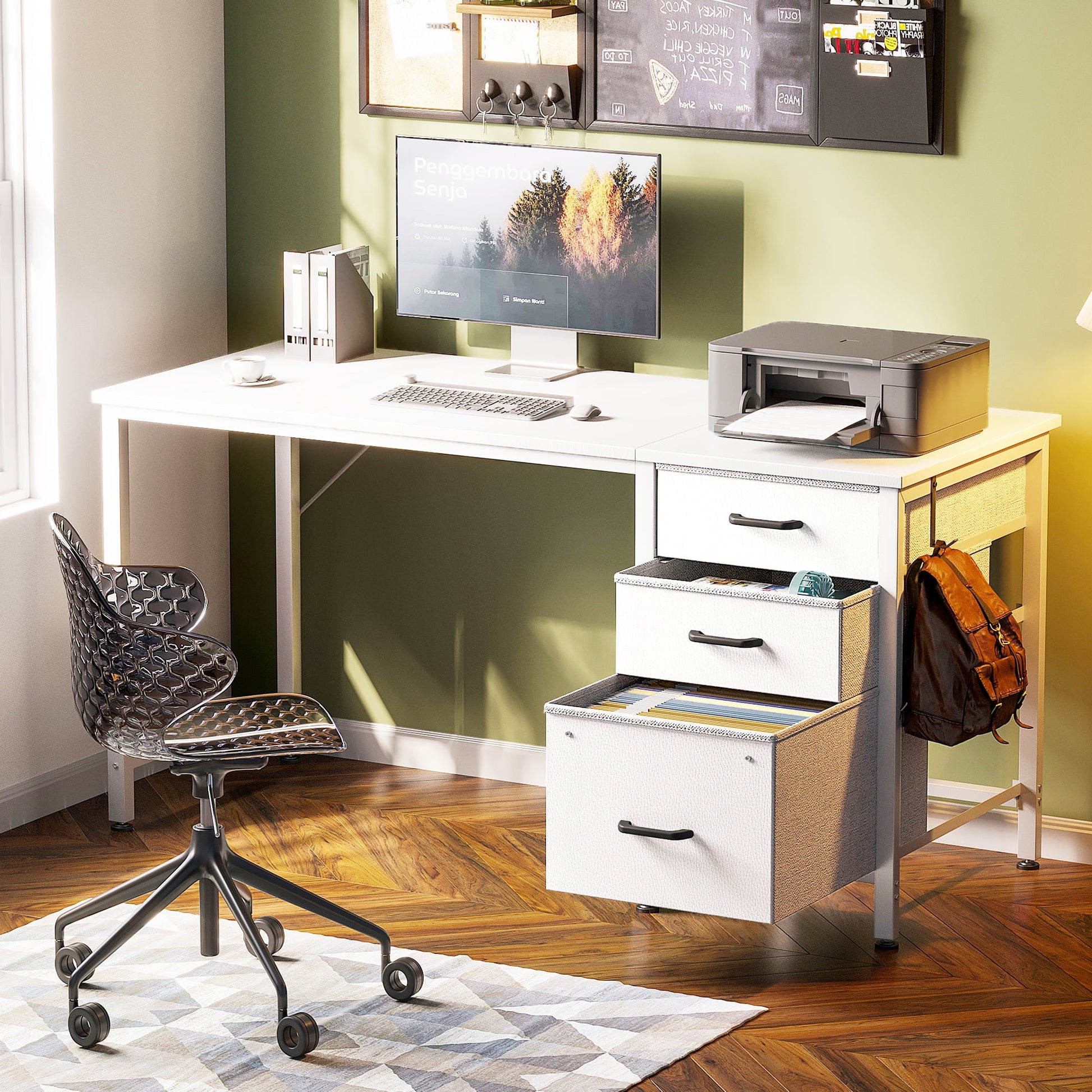 Computer Desk with Fabric Drawers & File Cabinet, Home Office Desk with Cloth Storage Bag and Hook, Vanity Desk for Bedroom, White