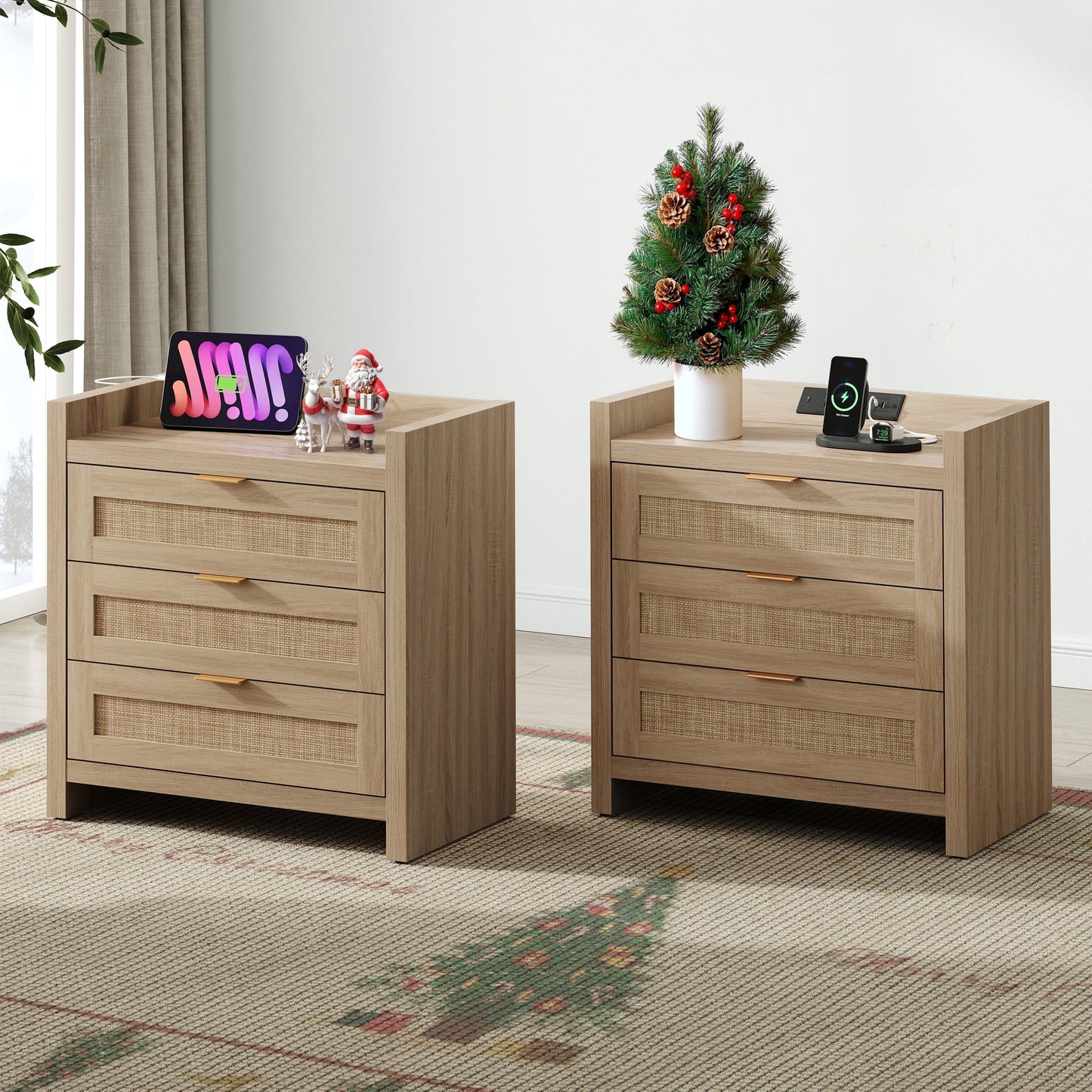 Boho Dresser & Nightstands Set – 7-Drawer Dresser & 3-Drawer Nightstand with Charing Rattan Bderoom Funiture Set with Massive Storage 3 Piece,Light Oak