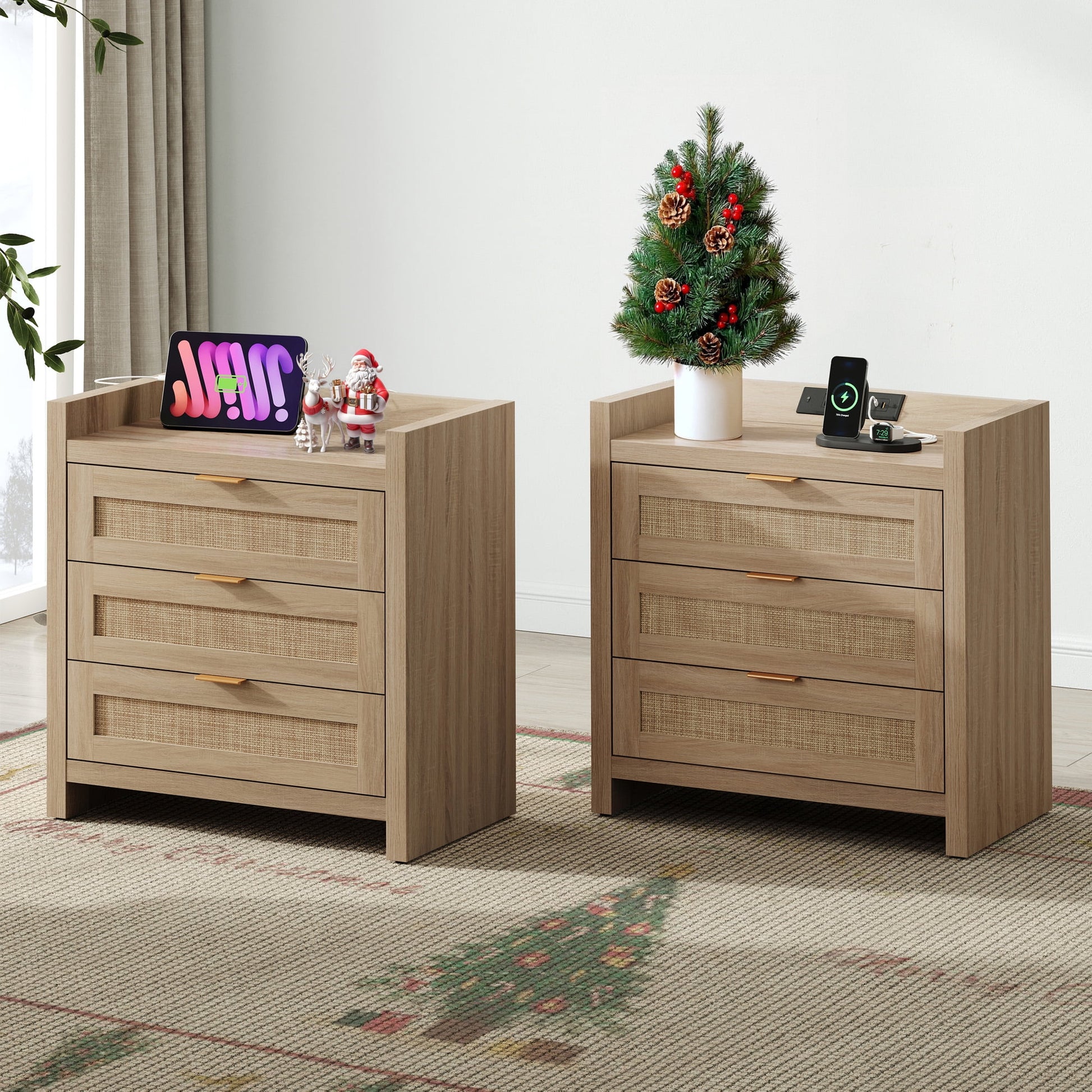 Boho Dresser & Nightstands Set – 7-Drawer Dresser & 3-Drawer Nightstand with Charing Rattan Bderoom Funiture Set with Massive Storage 3 Piece,Light Oak