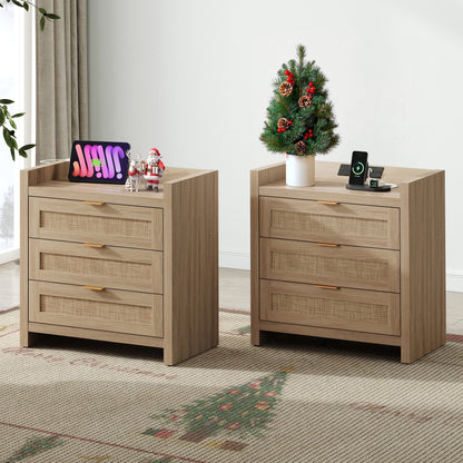Boho Dresser & Nightstands Set – 7-Drawer Dresser & 3-Drawer Nightstand with Charing Rattan Bderoom Funiture Set with Massive Storage 3 Piece,Light Oak