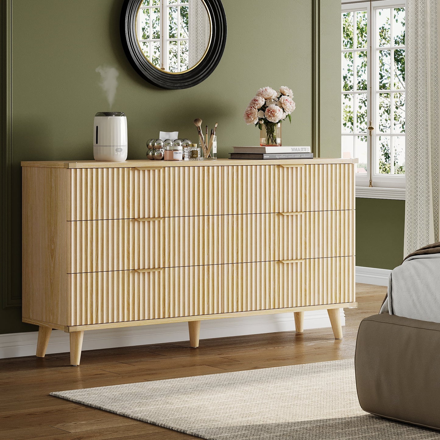 Bedroom Dresser and Nightstand 3 Piece Set - Includes Boho Double 6 Drawer Storage Dresser, Nightstand Set of 2 with Charging Station, Modern Bedroom Set, Natural