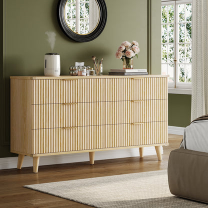 Bedroom Dresser and Nightstand 3 Piece Set - Includes Boho Double 6 Drawer Storage Dresser, Nightstand Set of 2 with Charging Station, Modern Bedroom Set, Natural